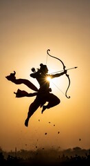 Lord Sri Rama un battlefield, fierce and heroic look with his bow and arrow battling Raavan