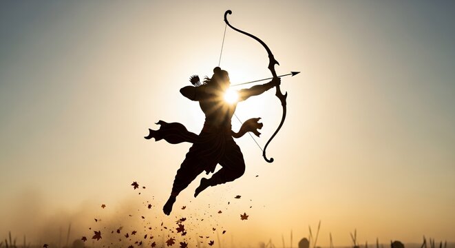 Lord Sri Rama un battlefield, fierce and heroic look with his bow and arrow battling Raavan