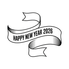 Hand drawn sketch of a ribbon banner wishing happy new year 2026