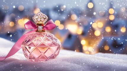 professional high quality photography, pink diamond parfume, standing on snow, on the background a city of houses with golden lights, made of diamonds, tied with a pink ribbon, lakreshi style, brand p