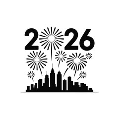 Happy new year 2026 celebration with fireworks over a city skyline silhouette