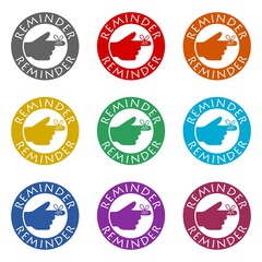 Reminder hand with string tied to finger icon isolated on white background. Set icons colorful