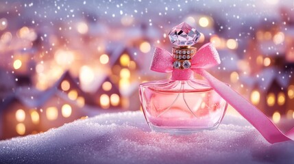 professional high quality photography, pink diamond parfume, standing on snow, on the background a city of houses with golden lights, made of diamonds, tied with a pink ribbon, lakreshi style, brand p