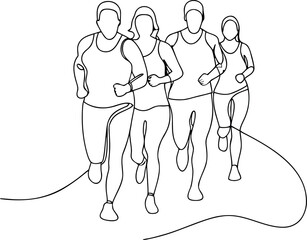 Group of marathon runners line art illustration