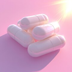 Pill capsule stack against pink. Sunny lighting