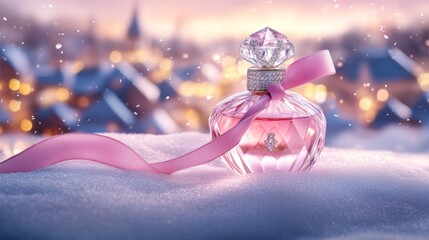 professional high quality photography, pink diamond parfume, standing on snow, on the background a city of houses with golden lights, made of diamonds, tied with a pink ribbon, lakreshi style, brand p