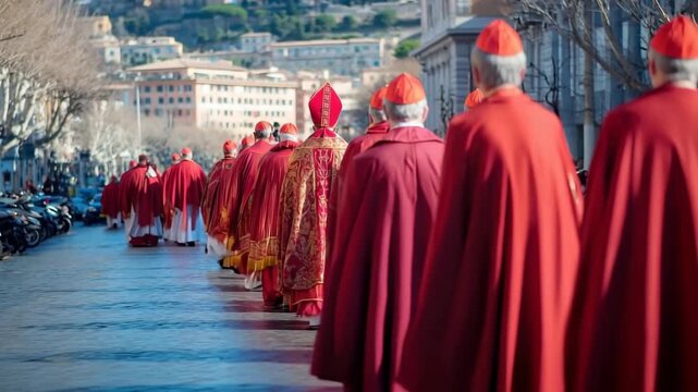 Cardinals walking in red robes through the streets of Rome during a ceremony