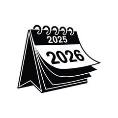 Black and white illustration of a flip calendar showing the years 2025 and 2026