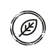 Simple hand drawn leaf icon inside a distressed circular frame representing nature and organic concepts