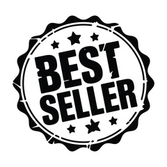 Circular distressed black and white bestseller stamp with stars and jagged edges