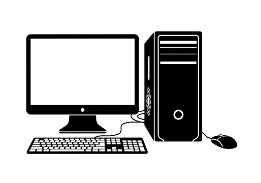 Desktop personal computer system icon set, full office pc setup with monitor, central processing unit tower, keyboard, mouse.