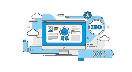 Online iso certification and quality management system illustration on computer screen, depicting compliance with global standards.