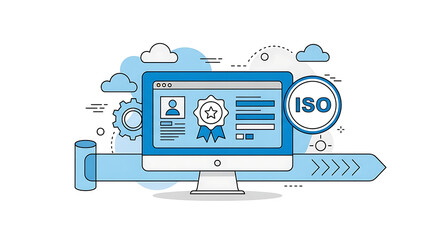 Modern flat line art illustration of online iso quality certification standard system on a computer screen display, award badge