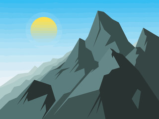 This vivid illustration depicts a stylized mountain range under a bright sun, highlighting the beauty of nature and evoking emotions of adventure and tranquility.