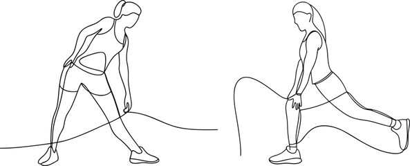 Line art showing two women stretching exercises