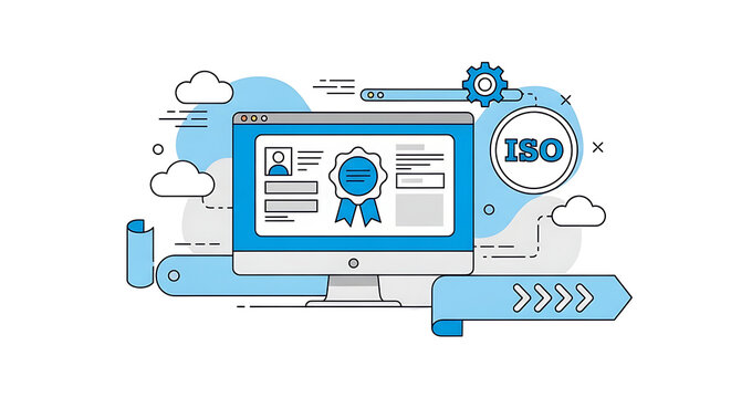 Online iso certification and quality management system illustration on computer screen, depicting compliance with global standards.