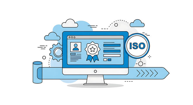 Modern flat line art illustration of online iso quality certification standard system on a computer screen display, award badge