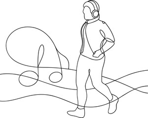 Man listening music walking continuous line drawing