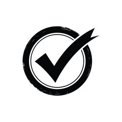 Hand drawn black check mark inside a textured circle symbol of success and completion