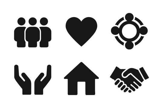Community icons: silhouette set of people, heart, unity, hands, home, handshake