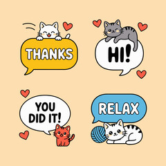 A vibrant collection of cat-themed stickers includes playful illustrations, featuring fun messages, ideal for digital communication and social media engagement.
