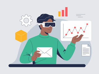 A modern illustration depicting a man wearing VR glasses, engaged in data analysis, showcasing the blend of technology, analytics, and innovative visualization concepts.