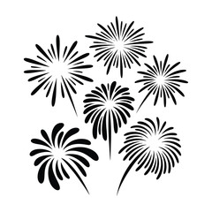 Collection of stylized black and white fireworks bursting in the night sky celebration