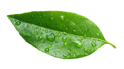 A vibrant green leaf covered with clear fresh water droplets glistens on a dark void