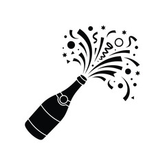 Black silhouette of a champagne bottle exploding with confetti and bubbles for celebration