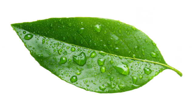 A vibrant green leaf covered with clear fresh water droplets glistens on a dark void