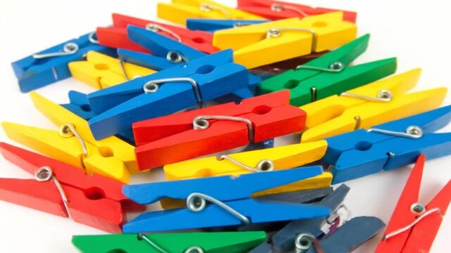A close-up shot of a pile of vibrant, multi-colored wooden clothes pins on a white background