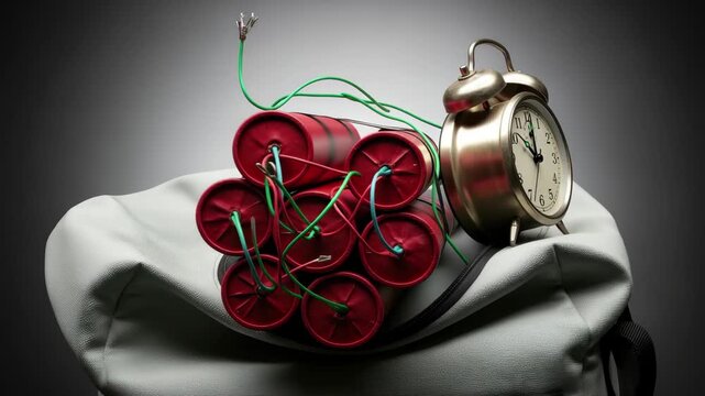 Ticking time bomb with alarm clock inside duffel bag creates urgent suspense for thrillers 4k high quality footage