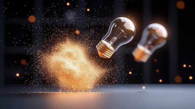 Two clear glass light bulbs with golden bases are suspended in mid-air, surrounded by a dynamic explosion of golden sparks and glowing particles. - Powered by Adobe