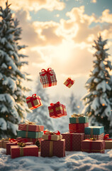 Gift boxes coming down from the sky.