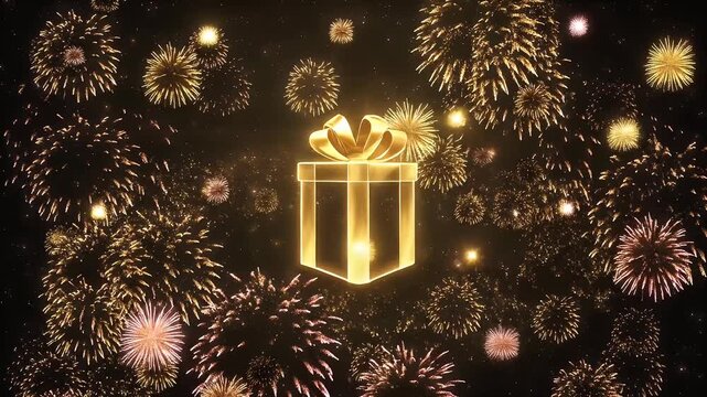 Golden Gift Box Animation with Dazzling Fireworks Celebration
