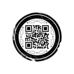 Circular qr code with grunge texture and geometric patterns inside a black frame