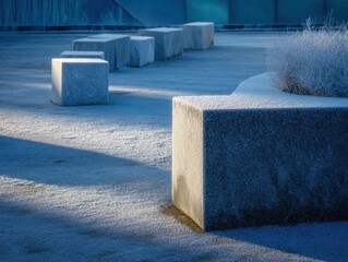 Modern Glass Office Buildings with Frosted Trees in Winter Cityscape