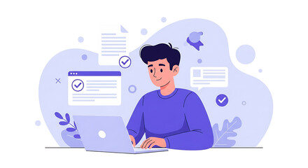 Productive young man working on laptop at desk with digital documents and checklist in modern flat illustration style.