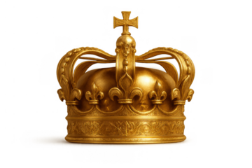 Golden crown symbolizing royalty and power, featuring ornate fleur-de-lis and cross, isolated on transparent background