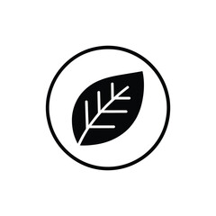 Simple black silhouette of a leaf inside a circular outline icon