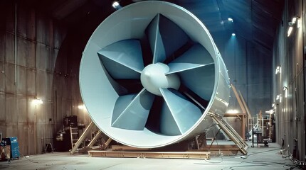 Powerful five-bladed industrial fan in a large wind tunnel for aerodynamic testing and research