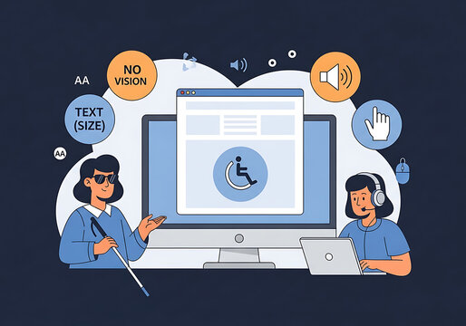 Digital accessibility and inclusivity illustration showcasing online support for visually impaired and web design features.