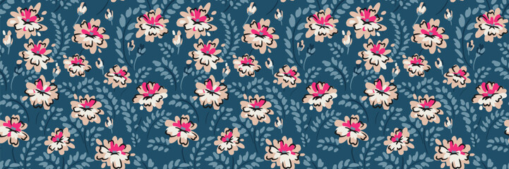 Seamless vector floral pattern with cream and pink flowers, blue green leaves, and deep teal background. Elegant hand drawn botanical design for fabric, stationery, and wallpaper