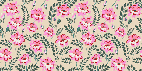 Seamless vector floral pattern with pink and white flowers and dark green leaves on a beige background. Elegant hand drawn botanical design for fabric, wallpaper, and decor