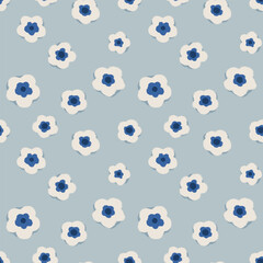 Seamless vector pattern with white flowers and navy blue centers on a soft light blue background. Minimal floral design for spring textiles, stationery, and home decor