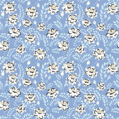 Seamless vector floral pattern with hand drawn beige and white flowers on a soft blue background. Elegant vintage design for fabric, wallpaper, wrapping, and decor