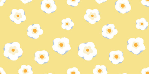 Seamless vector pattern with white and yellow flowers on a soft pastel yellow background. Minimal floral design for spring decor, fabric, stationery, and wrapping paper