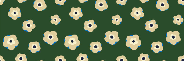 Seamless vector pattern with beige and cream flowers featuring dark centers on a deep green background. Minimal floral design for fabric, wallpaper, and modern decor