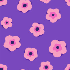 Seamless vector pattern with pink abstract flowers on a bold purple background. Minimal floral design for trendy textiles, wrapping paper, wallpaper, and fashion prints