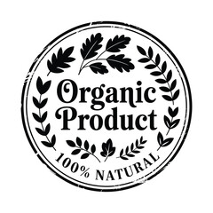 Organic product 100 percent natural emblem with leaves and branches in black and white